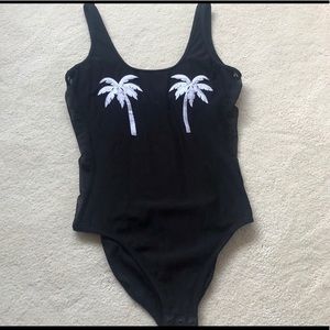 Palm Tree Black Bodysuit with Mesh